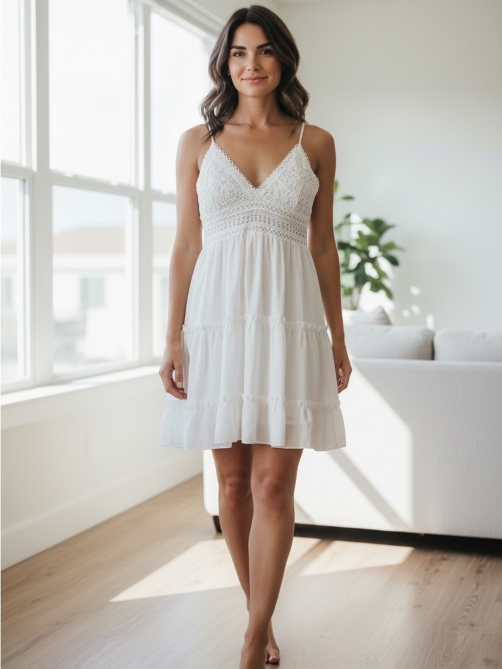White Lace-Trim Mini Dress with Spaghetti Straps - Picture 1 of 5